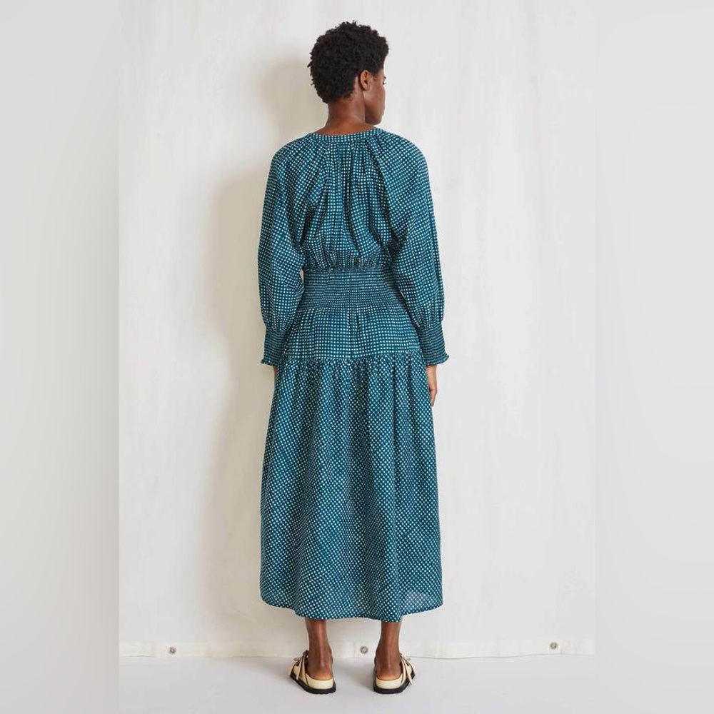 Apiece Apart La Ventura Maxi Dress Green Smocked Long Sleeves Mini Gingham - Picture 3 of 11